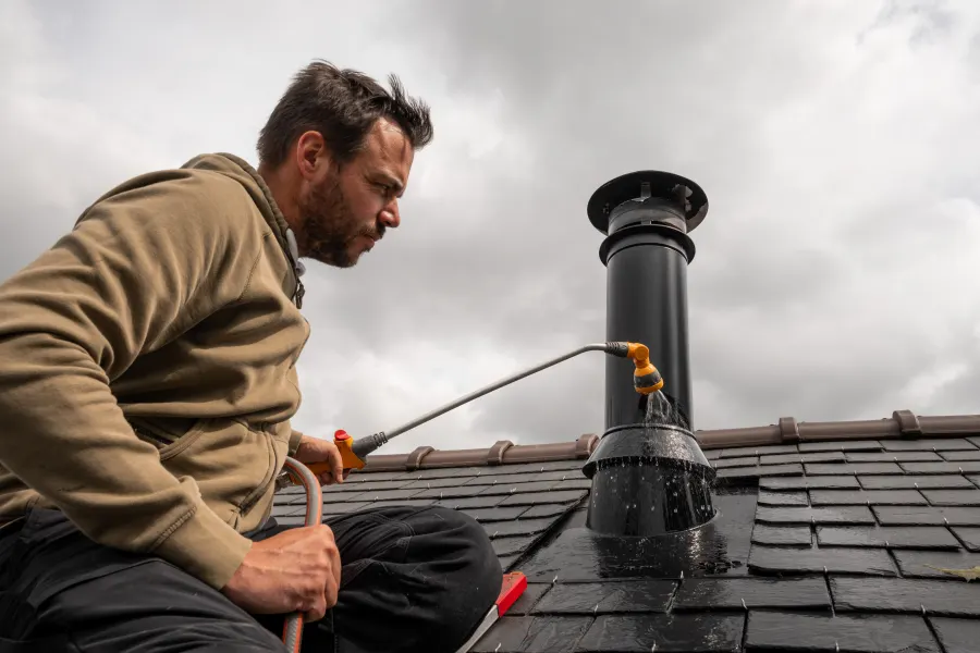 Technicien Hydro Leak recherchant une infiltration de toiture par aspersion