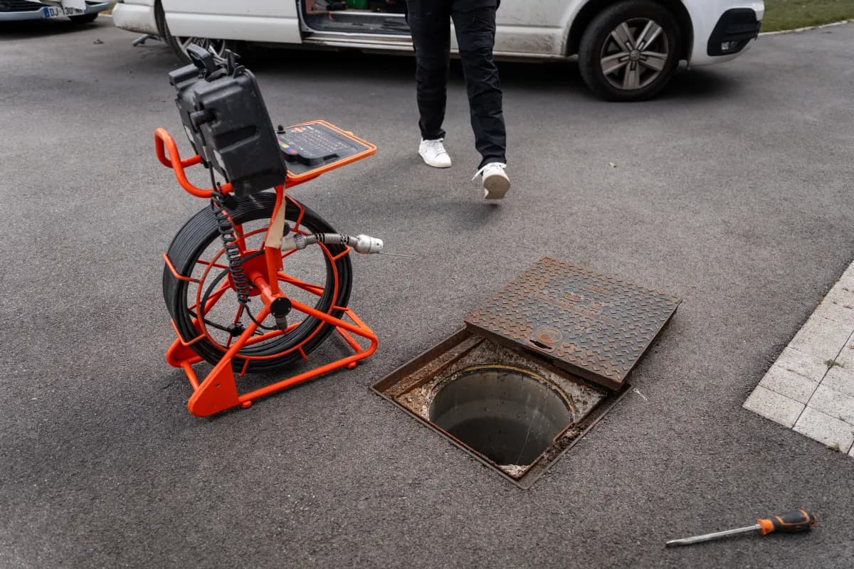Caméra d'inspection Minicam déployée devant un regard d'assainissement ouvert