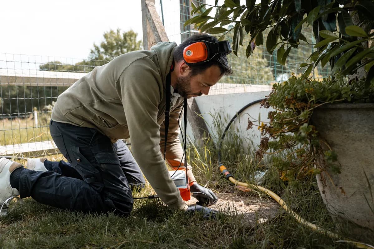 Technicien Hydro Leak localisant une fuite enterrée par écoute acoustique dans un jardin