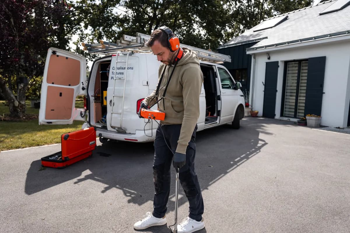 Repérage du tracé d'une canalisation enterrée au détecteur devant une maison